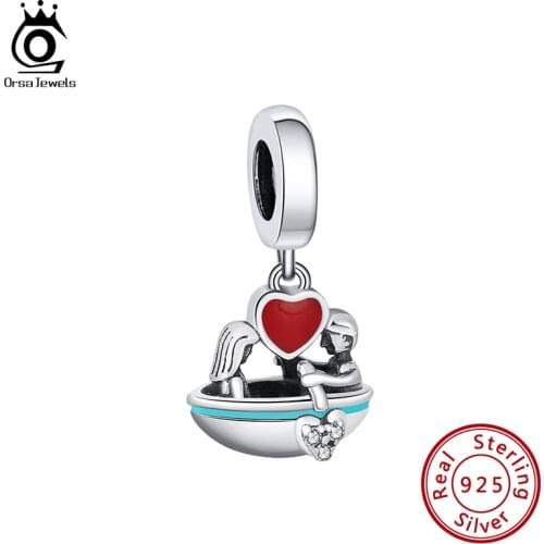 ORSA JEWELS Silver 925 Sweet Love Charm Fit Original Bracelet&Bangle Heart Enamel Pendant DIY Beads Jewelry for Women CB14