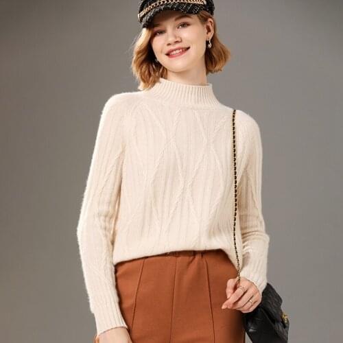 Womens pullover winter new 100% wool sweater casual solid color half high neck cashmere sweater thickened ladies knitted top