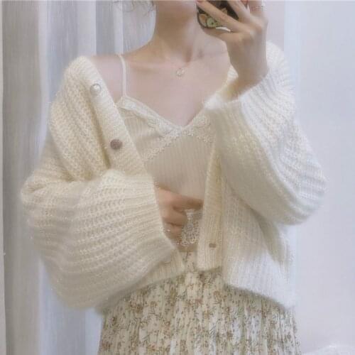 Luck A Knitted Cardigan Women Vintage Retro Sweater V-Neck Casual Long Sleeve Sweet Loose Korean Sweater Autumn Womens Clothing