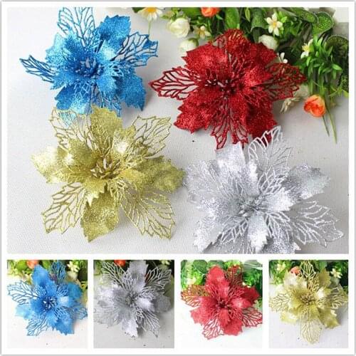 10Pcs/Pack Hot Glitter Artificial Flowers Christmas Tree Ornaments Decorations Xmas Decor Home Christmas Gifts