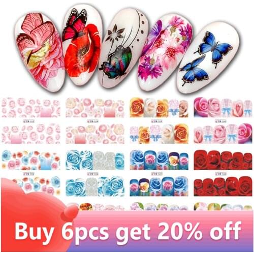 12pcs Flowers Slider for Nail Art Decorations Sticker Water Transfer Decal Winter Xmas Leaves Girl Manicure DIY Tips