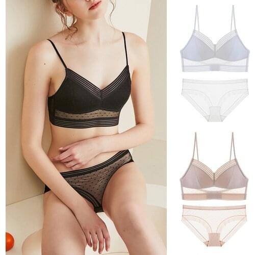 2Pcs/Set New Sexy Low Back Bralette+Panties Ladies U Backless Invisible Lace Bra Polka Dot Mesh Ultra Thin Women Lingerie Bras