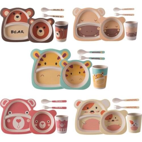 5pcs/set Baby Feeding Bowl Plate Cartoon Eating Tableware Kids Dinner Plate Bamboo Fiber Dinner Plate Training Bowl Spoon Forks
