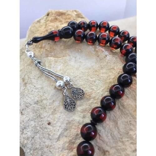 925 sterling Silver Tassels Moire Amber Prayer Beads Sphere Cut Red Color Misbaha Ottoman Benzetmesi Zikr