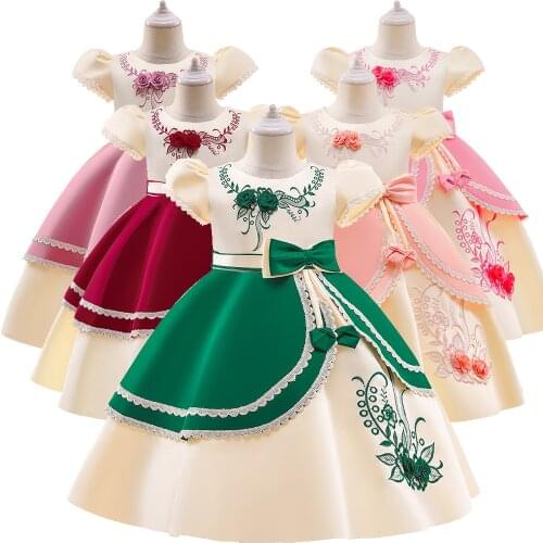 Girl Short Sleeve Satin Fabric Flower Kid Dress Tutu Princess Wedding Ball Gown Costume