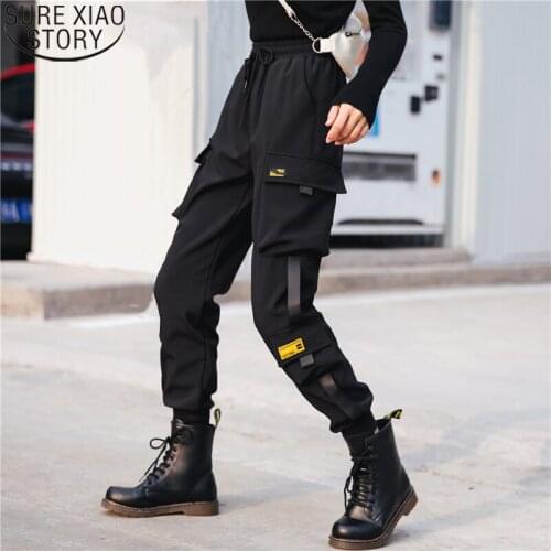 New Women Fashion Streetwear Cargo Pants Black Elastic Waist Joggers Female Loose Trousers Casual Plus Size Harem Pants 12825