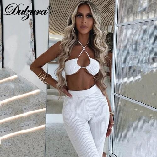 Dulzura Ribbed Stripe 2 Pieces Halter Crop Top High Waist Leggings Set Bodycon Sexy Streetwear Party Club Women 2021 Summer