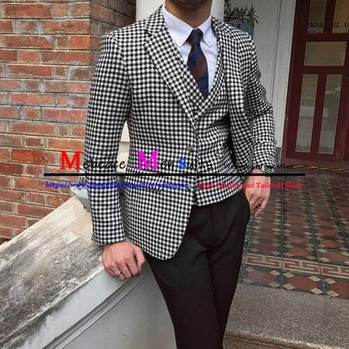 Classic Houndstooth Mens Suits Peaked Lapel Wedding Groom Tuxedo Business Blazer 3 Piece Set Costume Homme (Jacket+Vest+Pants)