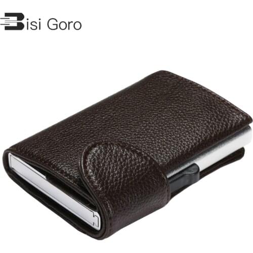 BISI GORO 2021 Metal RFID Credit Card Holder Single Aluminum Box Card Wallet Fashion PU Leather Soft Men and Women Pop Up Wallet