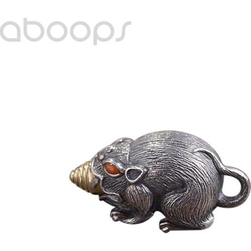 Bicolor 925 Sterling Silver Chinese Zodiac Mouse Pendant with Red Jade for Men Women,Free Shipping