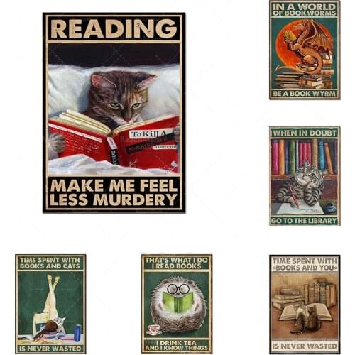 People who love books and cats spend time reading book wall paintings, home decoration posters, living room decoration and displ