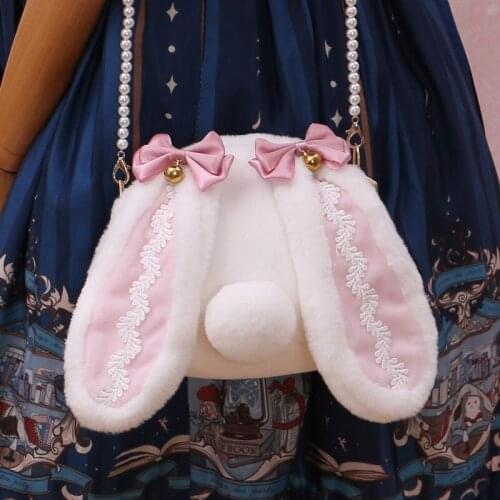 Kawaii Cute Lolitas Rabbit Bunny Shoulder Backpack Crossbody Bag Coin Bags Plush Toys Portable Pearl Chain Bag Christmas gift