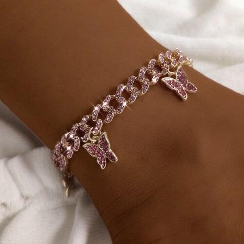 Trendy Crystal Butterfly Pendant Thick Anklets for Women Boho Shiny Rhinestone Metal Animal Cuban Link Anklet Barefoot Jewerly