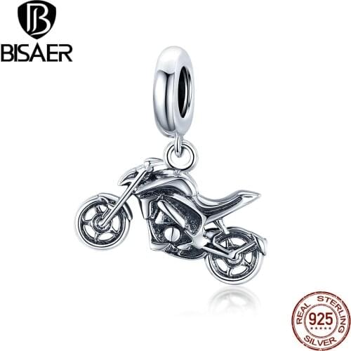 BISAER Motorcycle Beads 925 Sterling Silver Cool AutocycleCharms Pendant Fit DIY Bracelet Necklace Jewelry Gift ECC1712