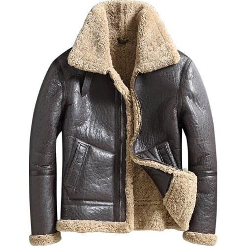 Men Genuine Leather Jacket Outerwear Mens Fur Coat Turn Down Collar Shearling Short Style Real Leather Jackets Tops Warm Coats