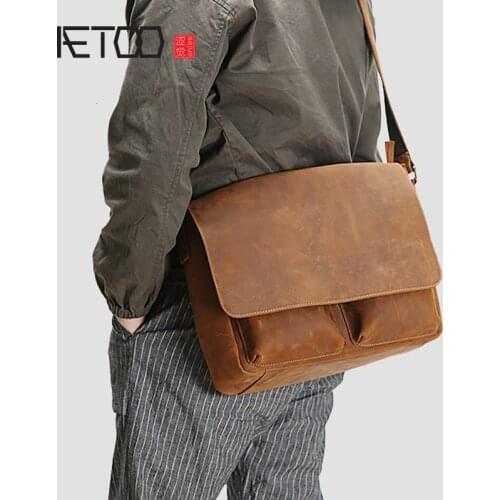 AETOO First layer cowhide mens shoulder bag, leather retro messenger bag, crazy horse leather handmade casual messenger bag