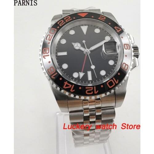 40mm Parnis Mens Watch black dial Ceramic Bezel GMT luminous marks date sapphire glass automatic PA77