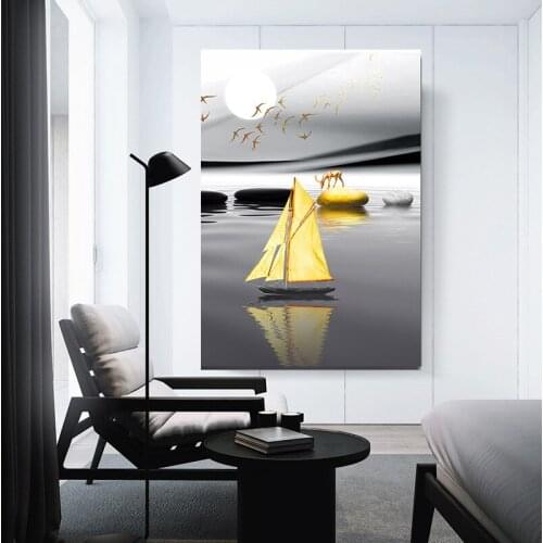 Nordic Black Yellow Deer Boat Stone Poster Landscape Wall Art Print Canvas Painting Wall Pictures For Living Room Home Decor