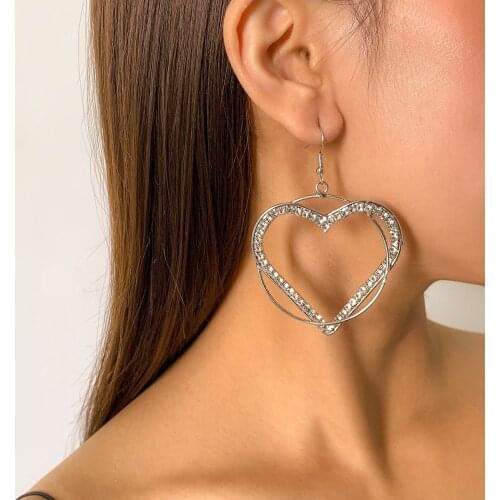 New Womens Shiny Rhinestone Heart Earrings for Women Simple Style Statement Dangle Earring Female Fashion Jewelry Gift 2021 Hot