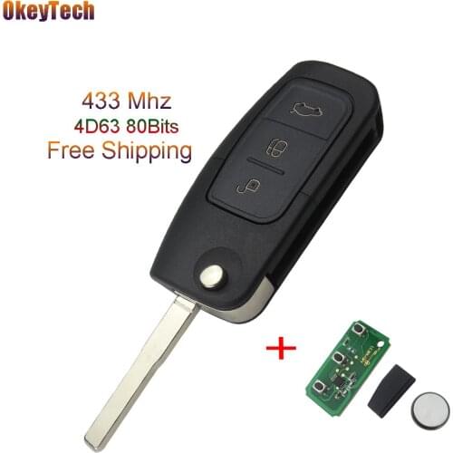 OkeyTech 433MHz 4D63 80 Bits Chip 3 Button Flip Fold Remote Control Key for Ford Mondeo Focus Fiesta C Max S Max Galaxy HU101