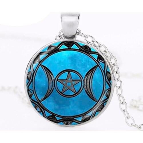 Triple Moon Goddess Pendant Pentagram Necklace Witch Jewelry Glass Dome Wiccan Necklace Round Chain Charm Wicca Jewellery