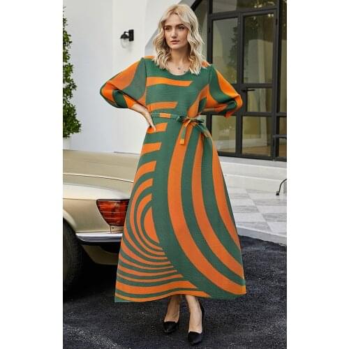 HOT SELLING Miyake fold three quarter dress o-neck stripe lace-up A-Line dress IN STOCK