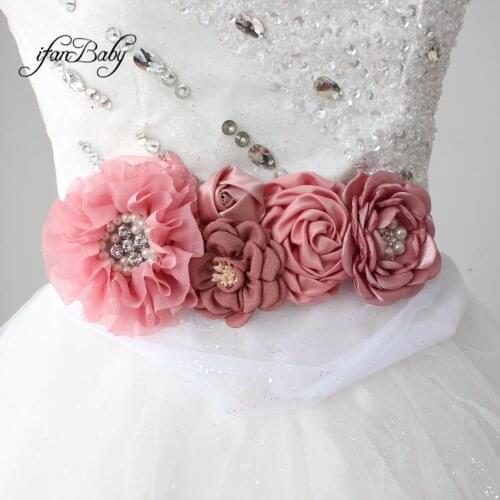 Bride Girl sash belt Vintage pink fabric flower with rhinestone wedding sash belt Pregant flower belt