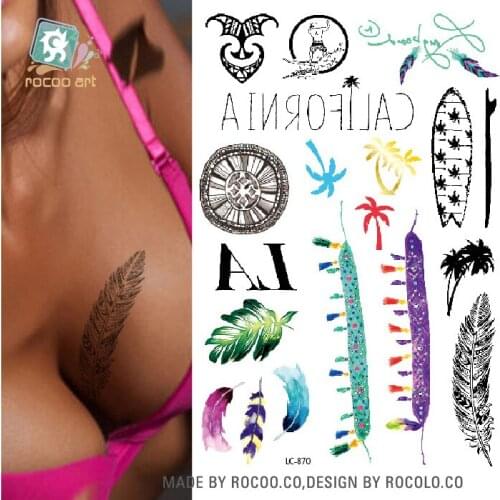 Rocooart LC870 Multi Style Tatoo Sticker Colorful Feather Temporary Tattoo Sticker Letters Fake Tattoo Taty For Women Tatuagem