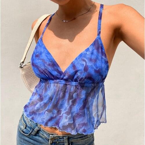 SEASONS V-neck Tie Dye Printed Women Sexy Camisole Aesthetic Cute Mesh Tops Backless Lace-up Clubwear Harajuku Shirts ASVE82834