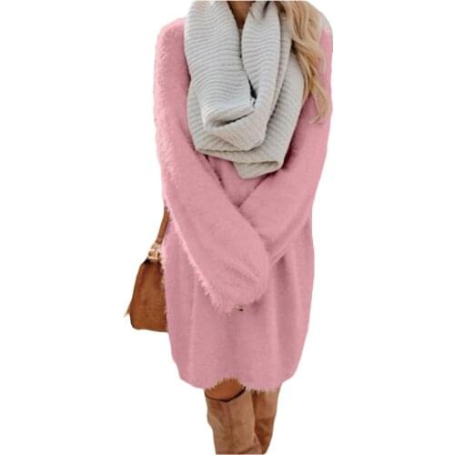 QRWR 2020 Autumn Winter Women Sweater O Neck Loose Knitted Casual Solid Color Plush Long Sweater Women