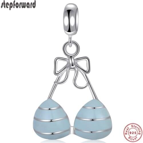 High Quality 925 Sterling Silver Bikini Bra Hanging Charm Sexy Blue Enamel Designer DIY Women Charms Fit Bracelet And Necklace