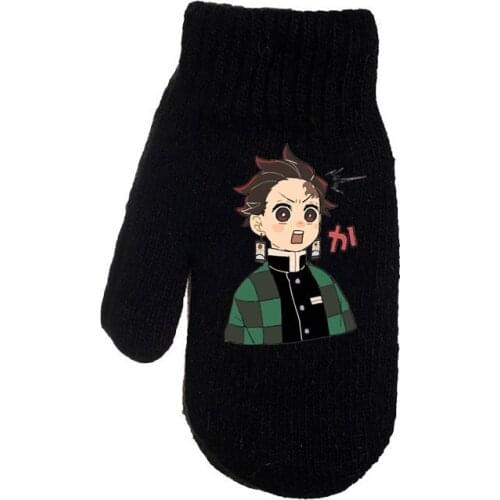 High Quality Demon Slayer Anime Winter Printing Gloves Plus Velvet Thick Knit Cute Cartoon Print Full-finger Warm Thick Gloves