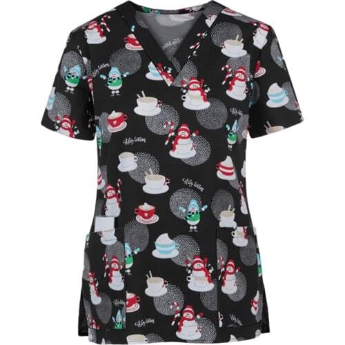 Women Short Sleeve V-neck Tops Working Uniform Christmas Thanksgiving Uniforms Cartoon Pattern Pet Scrubs Costume #T1P