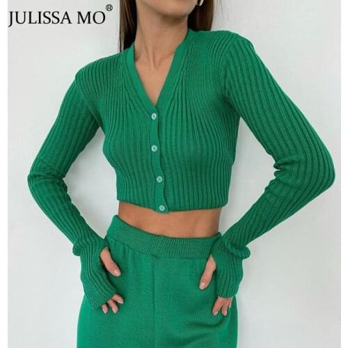 JULISSA MO New Knitted Long Sleeve Sweater Coat 2021 Autumn Basic V-Neck Single Breasted Cardigan Tops Ladies Casual Top Clothes