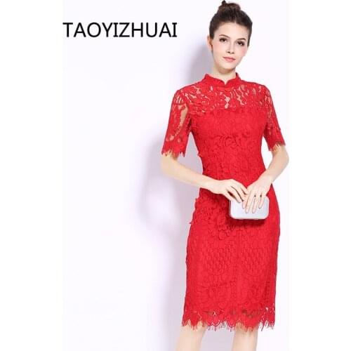 TAOYIZHUAI new summer plus size blow knee length half sheath floral festival natural chinese style women lace dress 11582