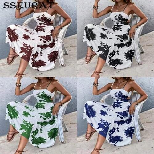 SSEURAT 2021 New Summer Women Boho Dresses Vintage Casual Sleeveless Floral Print Dress Sexy Strap Midi A-Line Dress Vestidos