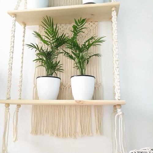 2 Tiers Wall Woven Wood Board Tapestry Wall Plant Macrame Hanger Mount Decor Indoor Room Wall Hanging Planter Vintage Art Plants