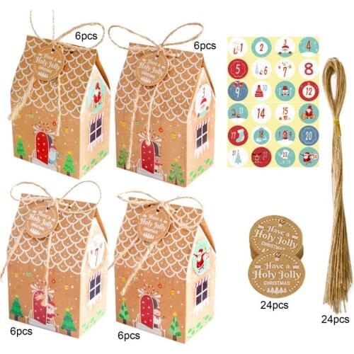24 Sets Candy Bag Christmas Faux Kraft Paper Gift Boxes House Shape Paper Cookie Candy Christmas Gift Packaging Box for Festival