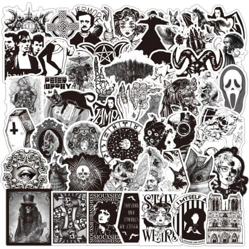 50Pcs black and white Gothic Wind Graffiti Stickers Skateboard Luggage Motorcycle Laptop Guitar Kids Toy Decal Stickers
