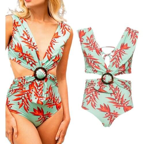 Women Sexy One-Piece Bikini Deep V-Neck Backless Leaves Print Monokini Cutout O-Ring Twist Knotted Swimsuit Multicolor Beachwear