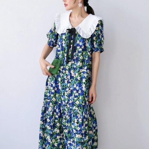 Puff Sleeve Elegant Floral Print Long Dress Female Peter Pan Collar Sweet Holiday Vestidos Women Summer Slim Bow Dress