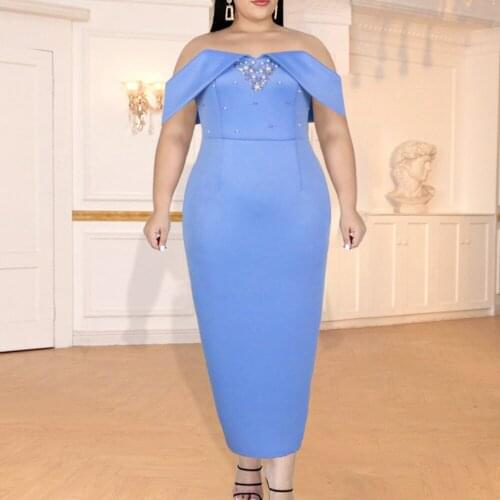 Plus Size Elegant Dress Off Shoulder Blue Beads Ankle Length Sexy Women Clothing Big Size 3XL Autumn Party Evening Club Dresses