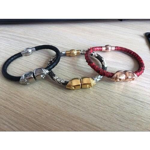 Customize Genuine python leather bracelet,Man Black Skull blue leather bracelet with northskull stainless steel clasp SW-0058