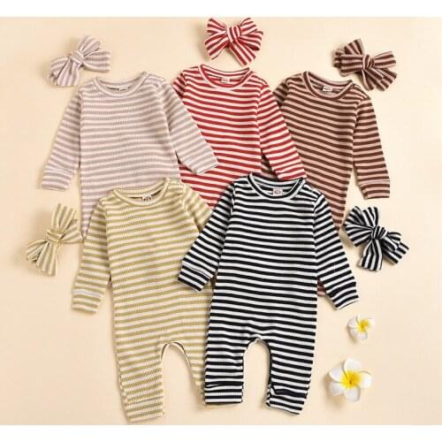 Baby Boys Girls Clothes Newborn Boys Girls Striped Knitted Long Sleeves Romper Jumpsuit Overalls Headband For Newborn Kids
