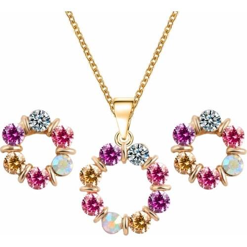 Gold Colorful Rhinestone Necklace Earrings Sets Women Crystal Round Circle Pendant Statement Choker Wedding Bridal Jewelry Set