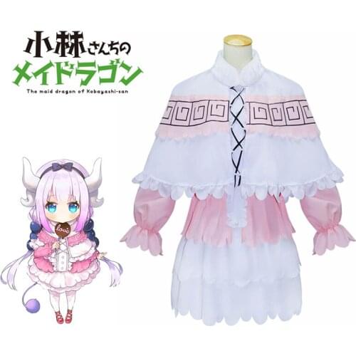 Kanna Kamui Cosplay Miss Kobayashis Dragon Maid Costume Dress Maid Dragon Uniforms Lolita Pink And White Dress