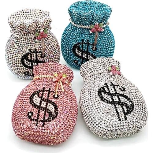 NEWEST Luxury women evening party designer funny rich dollar full crystal clutches purses pouch dollar money bag