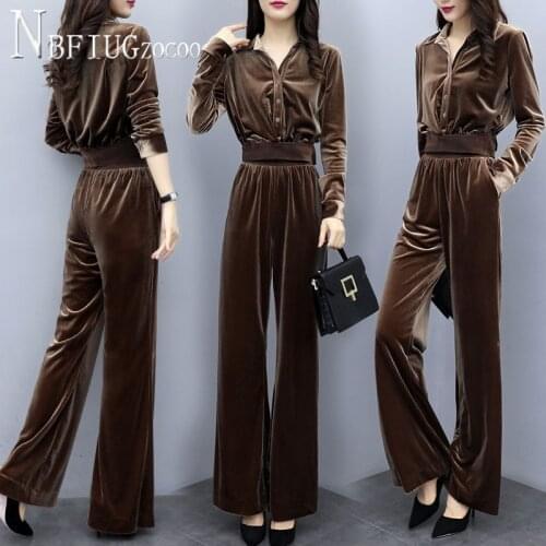 2020 Autumn New Velvet Plus Size Women Sets Coat And Wide Leg Pants Female Sets