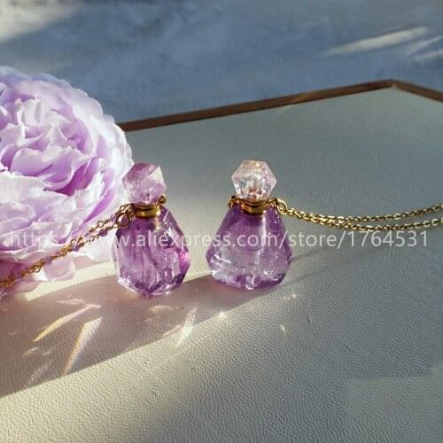 BOROSA Gems Stone Perfume Bottle Diffuser Necklace Jewelry High Grade Amethysts 26inch Chain Necklaces Diffuser Crystal Necklace