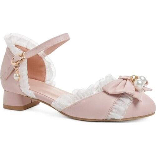 Hot Style Round Toe Comfortable Low Heels Bowknot Lace Ankle Strap Pumps Dance Shoes for Girls and Student